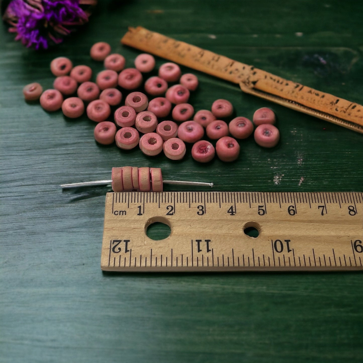Round flat pink wood vintage beads - approx. 8 mm each