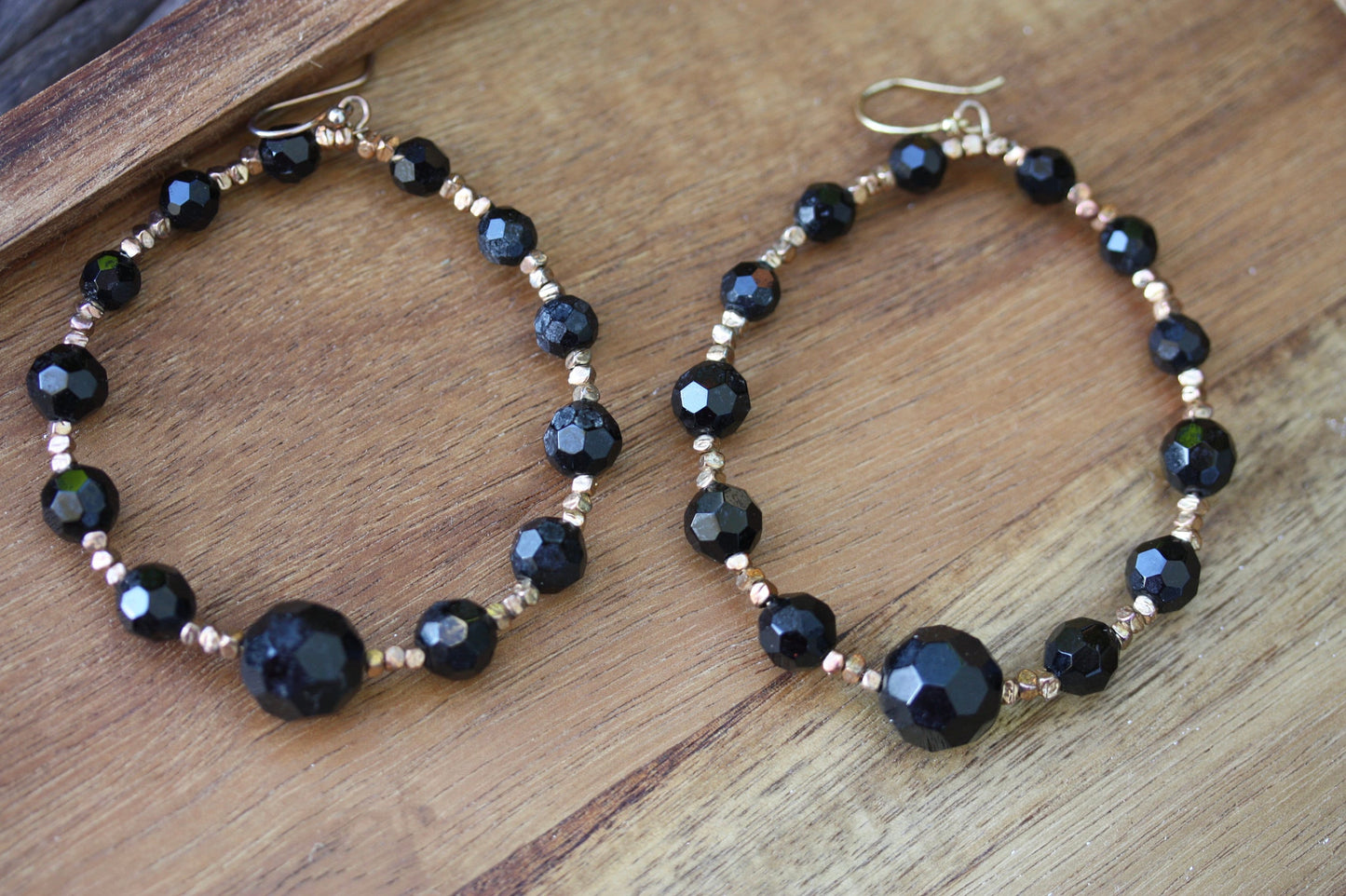Stunning vintage black and gold beaded hoop  earrings