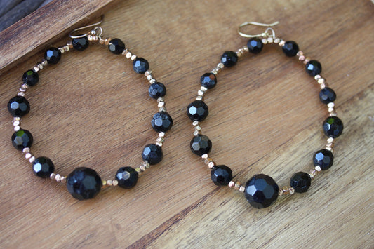Stunning vintage black and gold beaded hoop  earrings