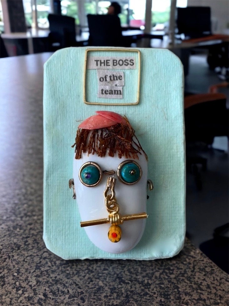 MEET THE BOSS - My funny face mixed medium art - glass on wood with millefiori glass -  can be ordered as a magnet or pin - great as a gift
