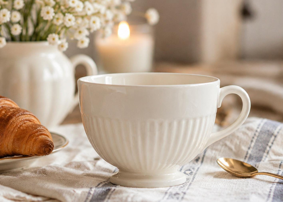 Vintage Wedgwood England White Ribbed Coffee Cups, English Cottage Kitchen Cups, Minimalist Ironstone Style Mug Sets