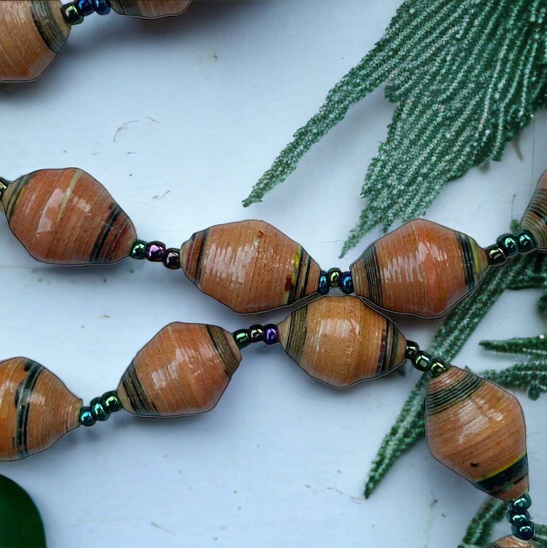 Orange paper rolled oval beaded necklace
