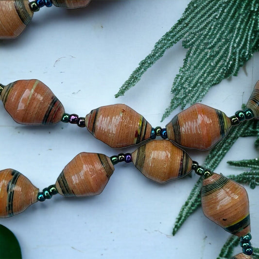 Orange paper rolled oval beaded necklace