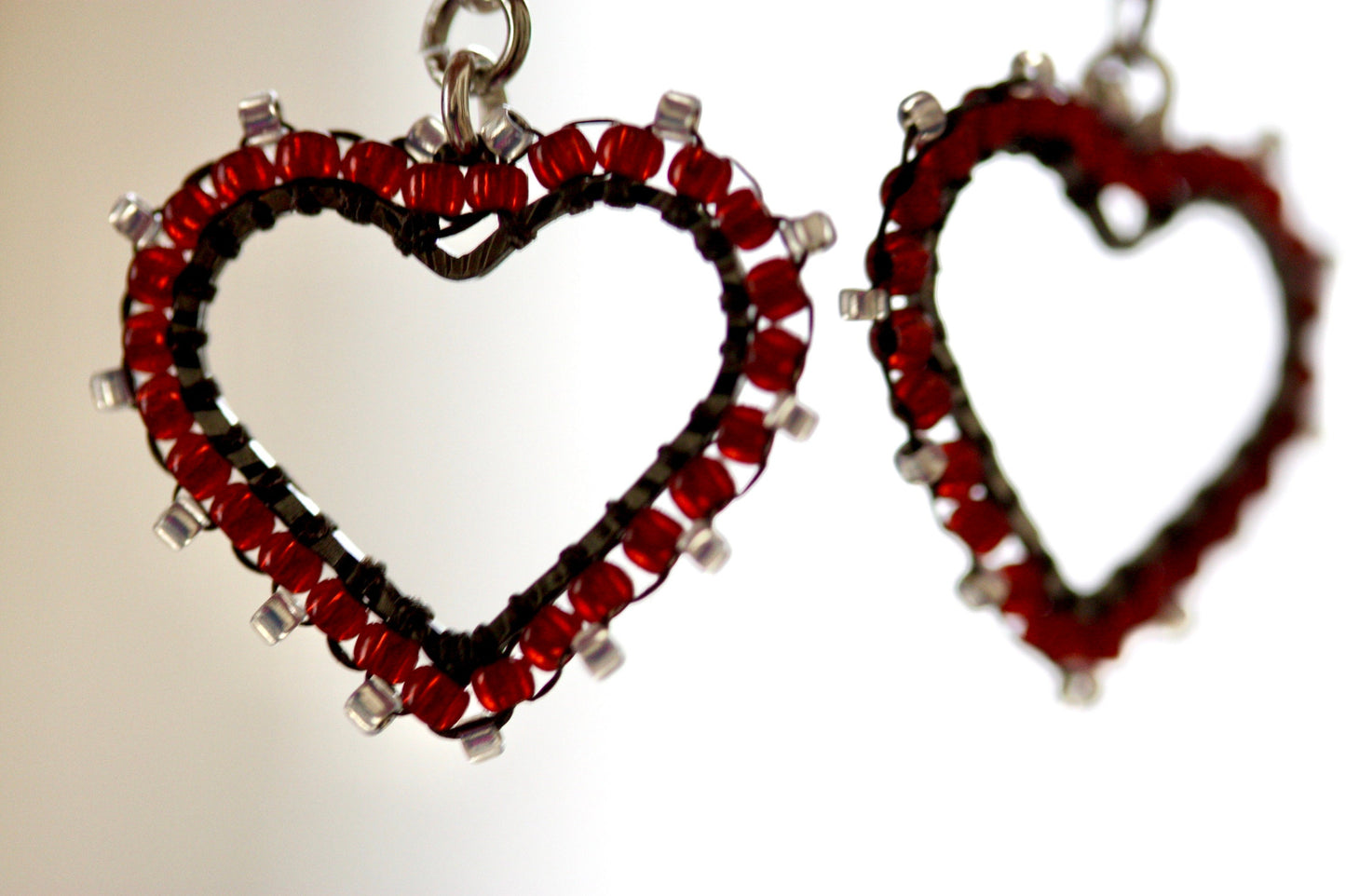 Small intricately beaded heart dangle earrings - original beadwork