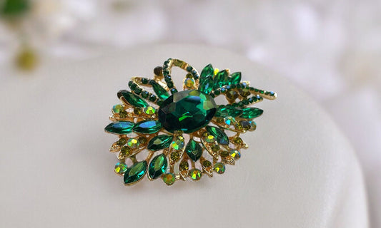 Stunning large emerald green and AB rhinestone vintage pin - 3 1/2" x 2"