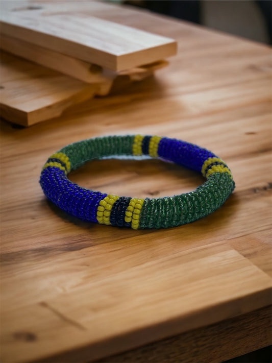Mixed colors vintage African beadwork bangle bracelet - blue, yellow and green