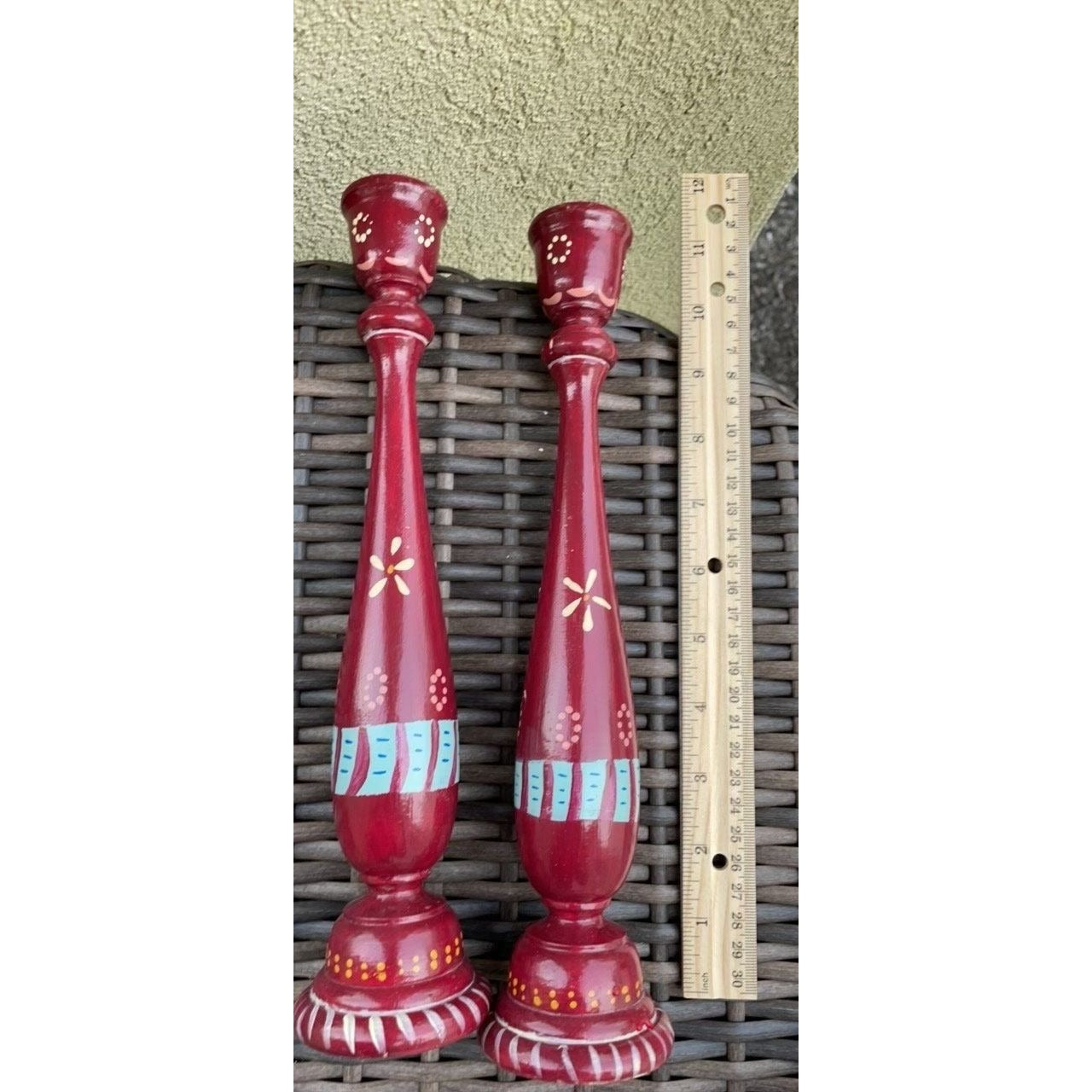 Charming vintage painted wood candlestick holders - folk art style