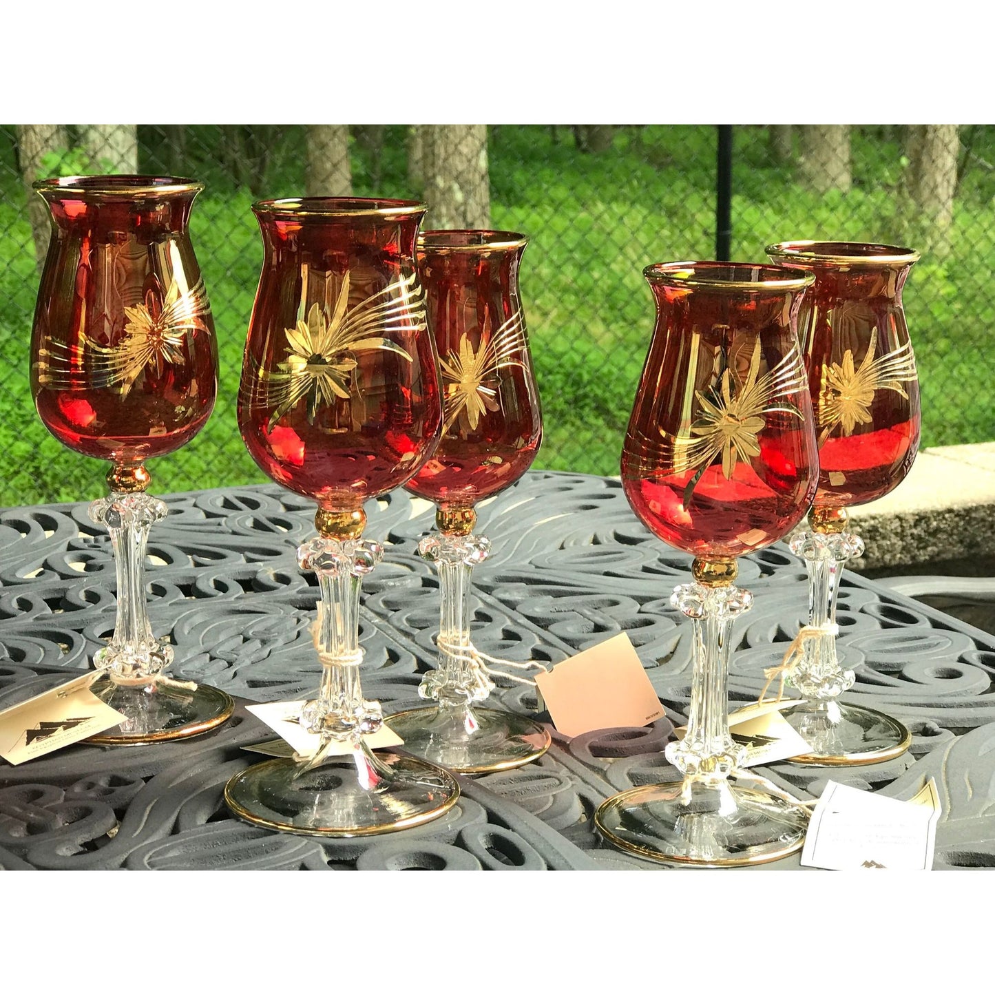 6 Fine Egyptian Museum cranberry mouth blown wine glasses, gold starburst - great for Christmas