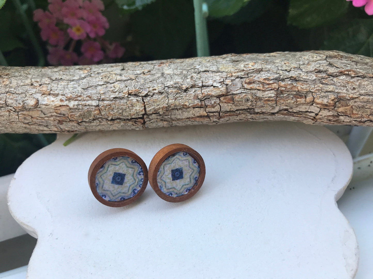 One pair of wooden stud earrings with faux tile inspired by Morocco, Italy and Portugal - 12mm round