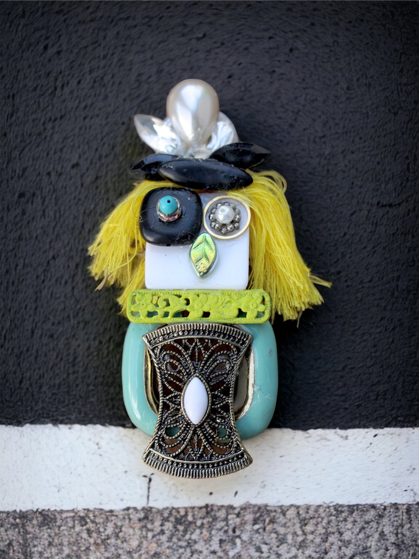Meet "Abstract Bird Woman" - Assemblage art / mixed media collage - magnet or pin