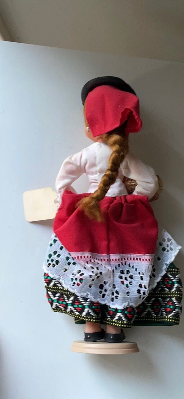 Vintage signed Muneca Artesana Beibi doll figurine - Made in Spain - holding wicker basket with miniature fruit