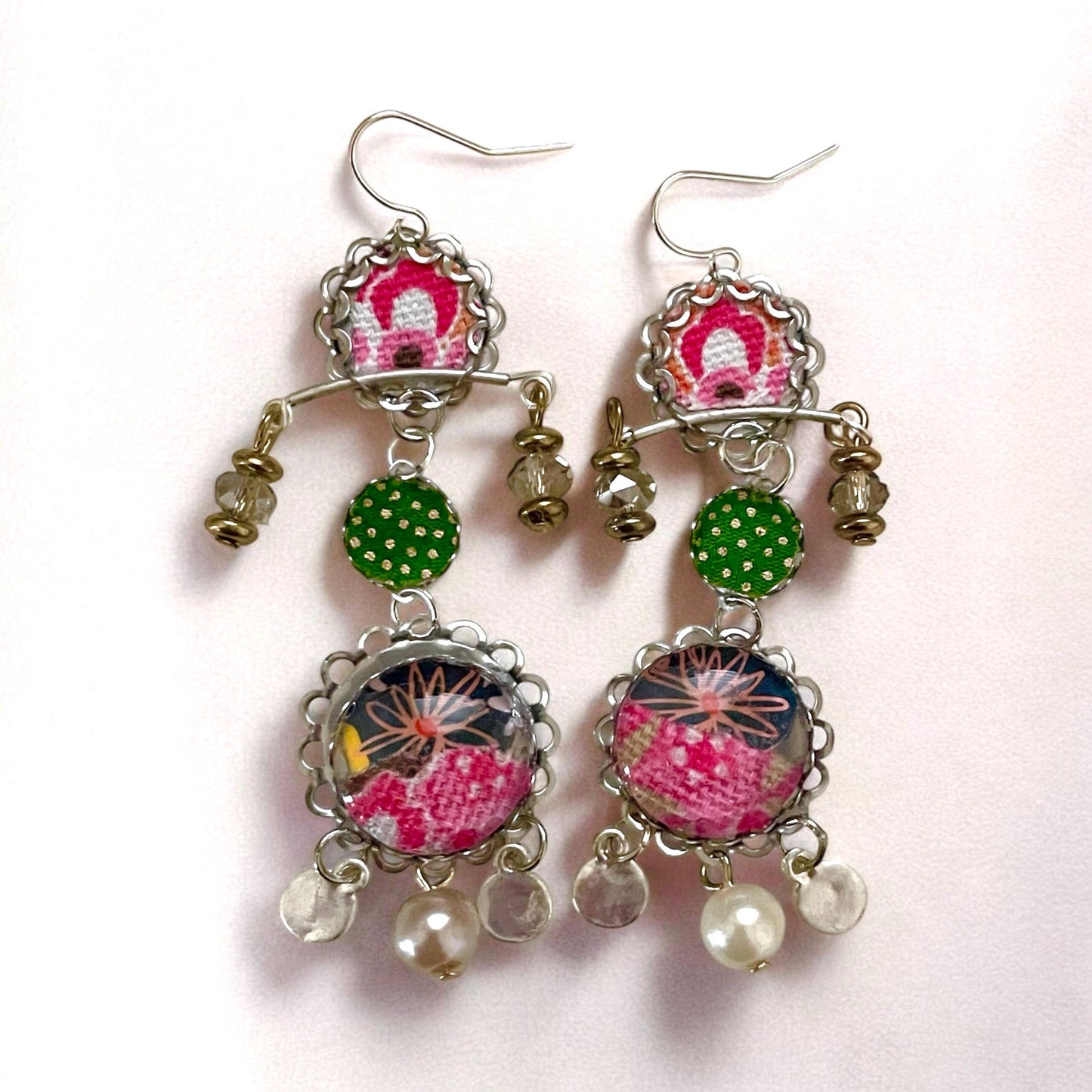 Handmade mixed media earrings made with fabric, paper, hammered metal, mixed metals, crystals and faux pearls.  Sterling ear wires.