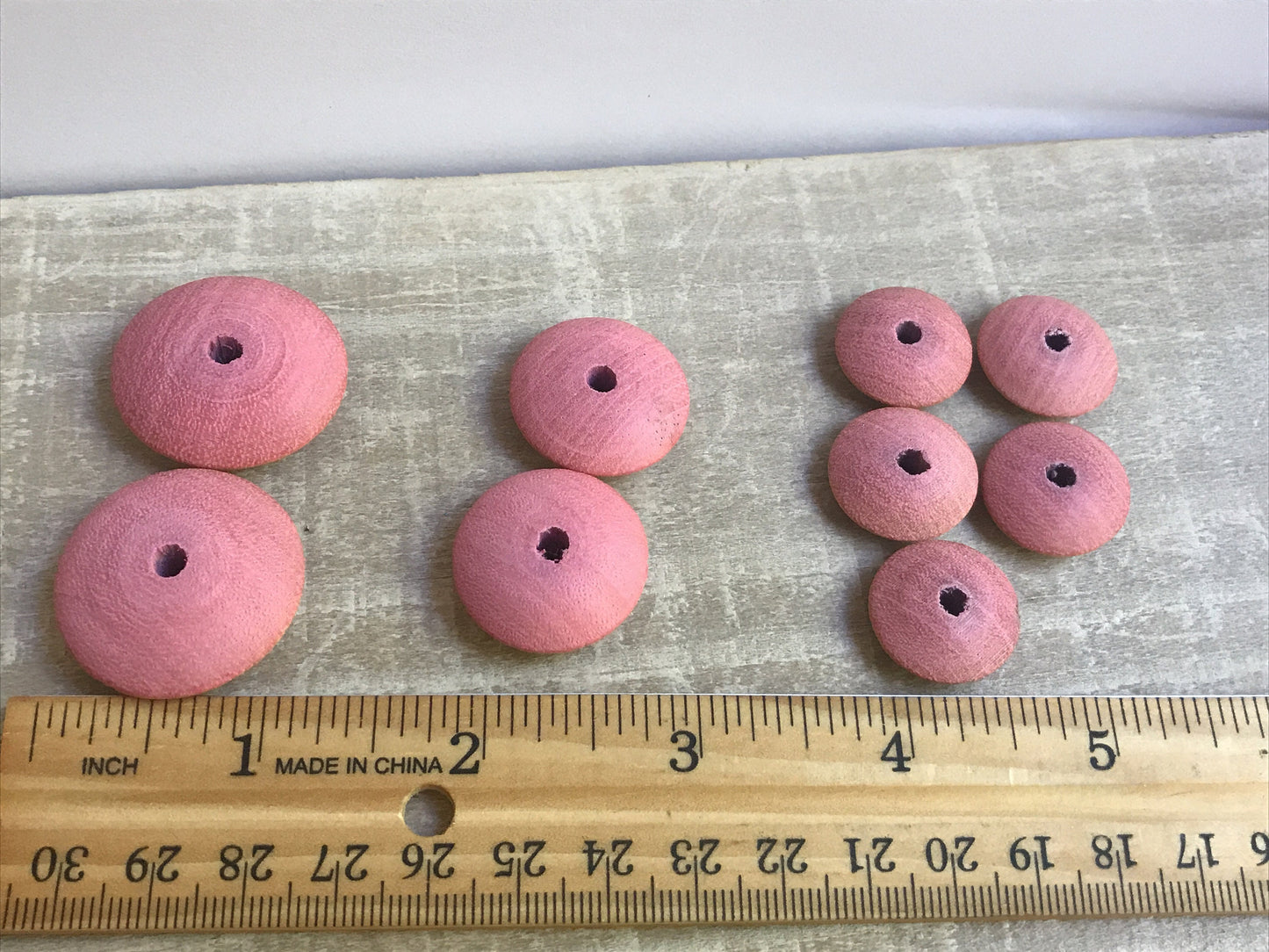 Pink wood saucer-shaped vintage beads - 9 beads total exactly as pictured