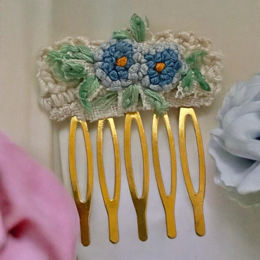 Floral hair comb handmade with embroidery and lace salvaged from vintage linens