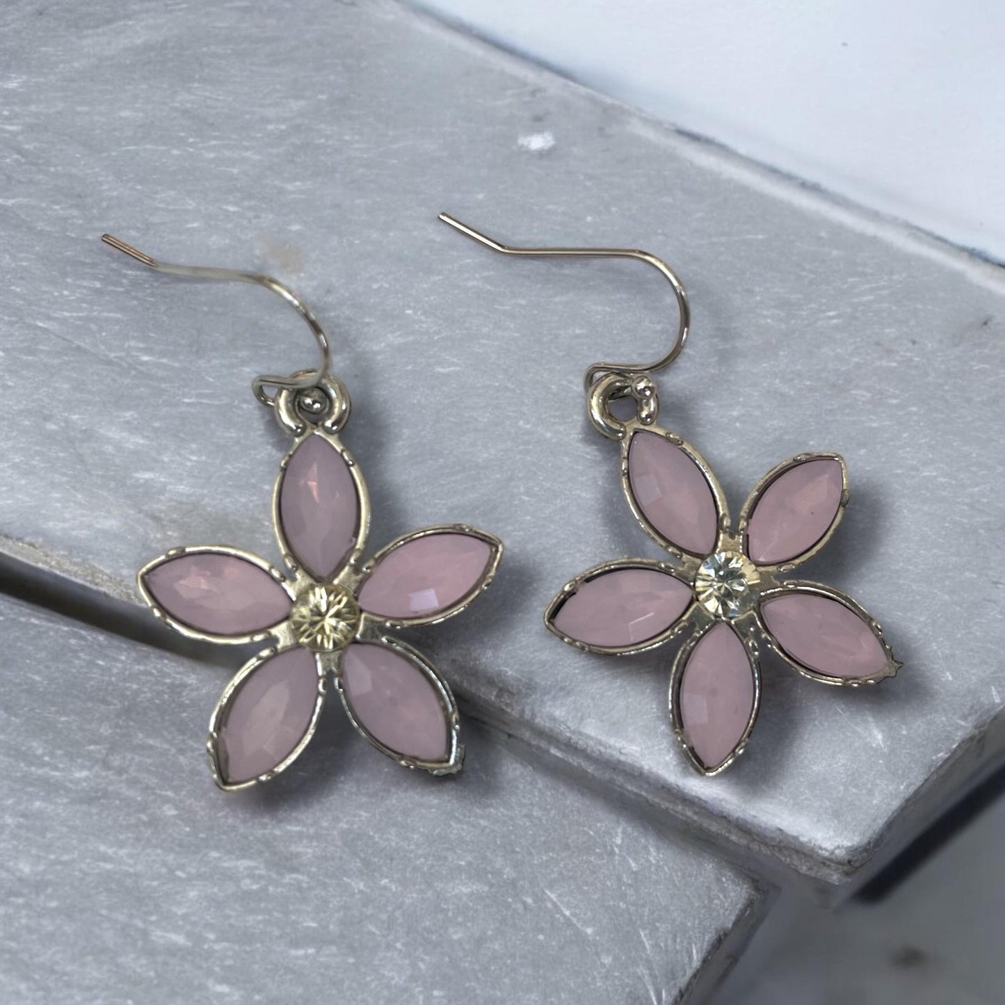 Light pink rhinestone floral dangle earrings