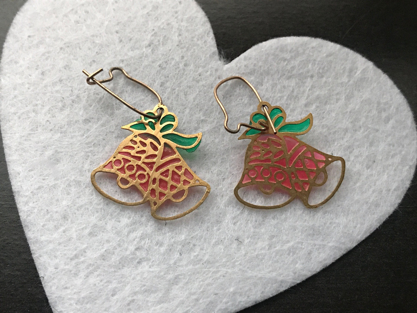 Unique vintage laser-cut metal jingle bell earrings - look like stained glass
