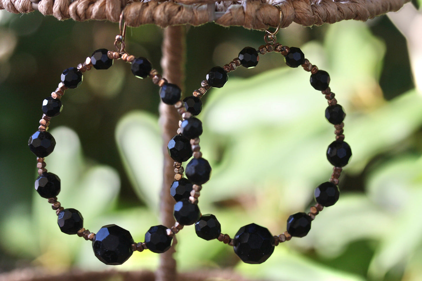 Stunning vintage black and gold beaded hoop  earrings