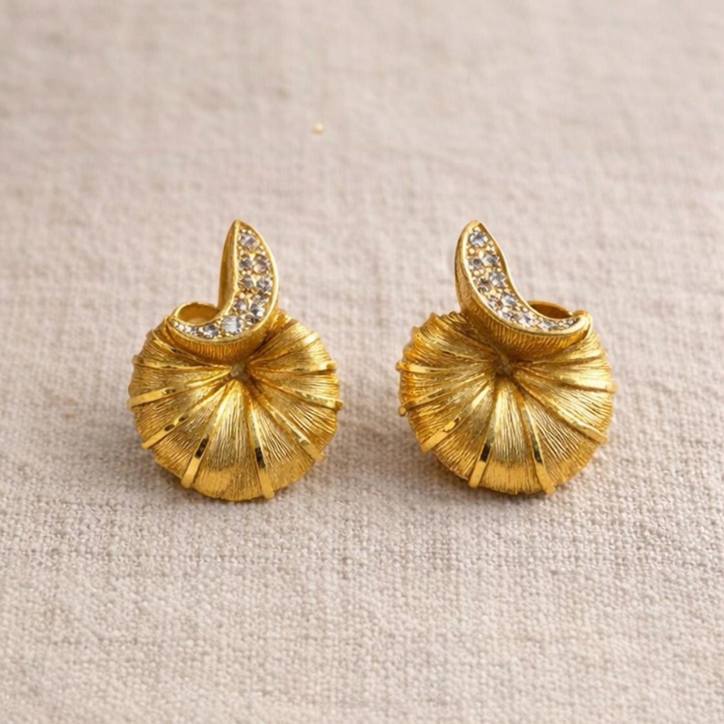 Vintage Gold Tone Clip Earrings Mid Century Fan Shell Design Rhinestone Accent Statement Earrings 1950s 1960s Retro Jewelry