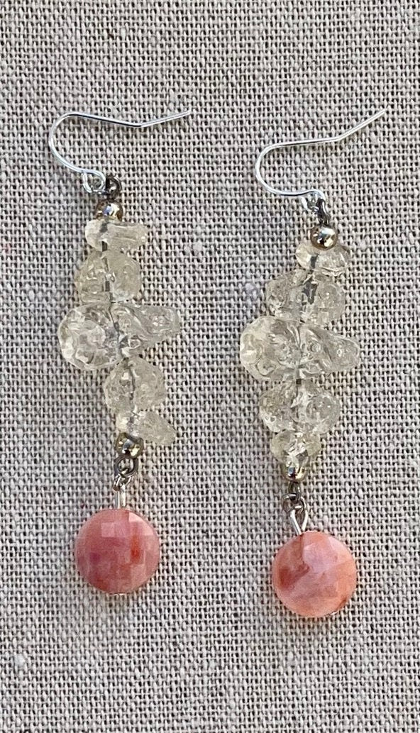 Unique dangle earrings made with new and vintage mixed materials - "pink drops on ice"