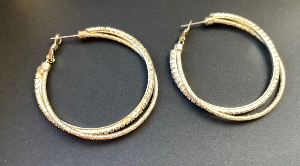 Unique double-hoop vintage earrings - rhinestone and gold