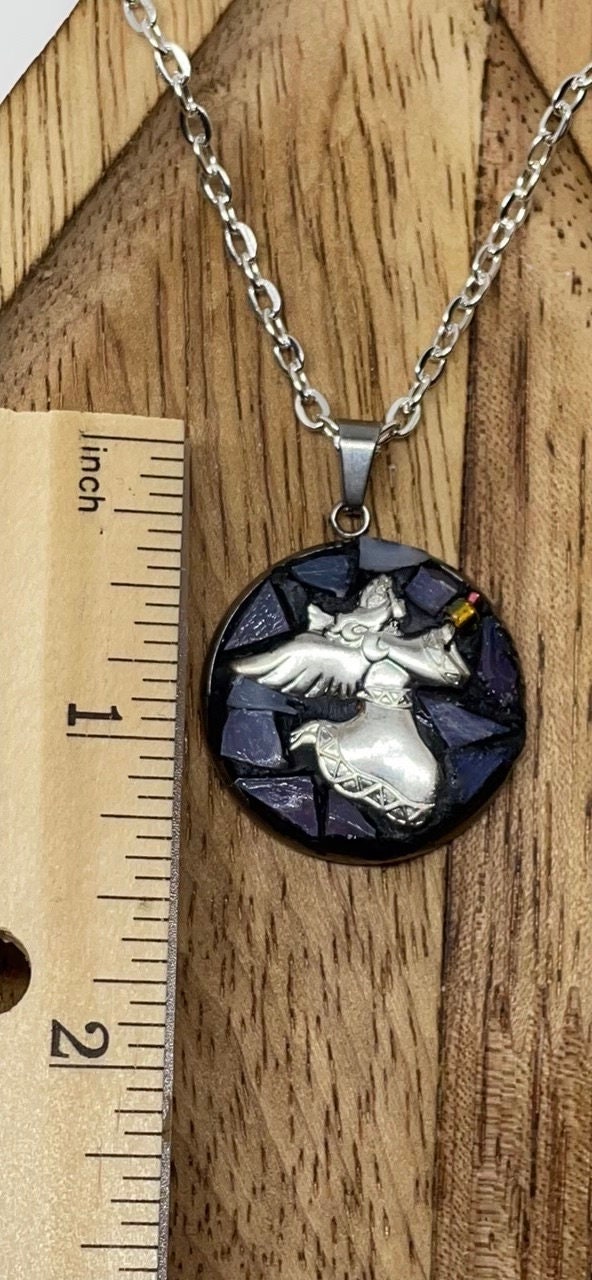 My handmade angel micro mosaic necklace with handcut tile and mixed materials