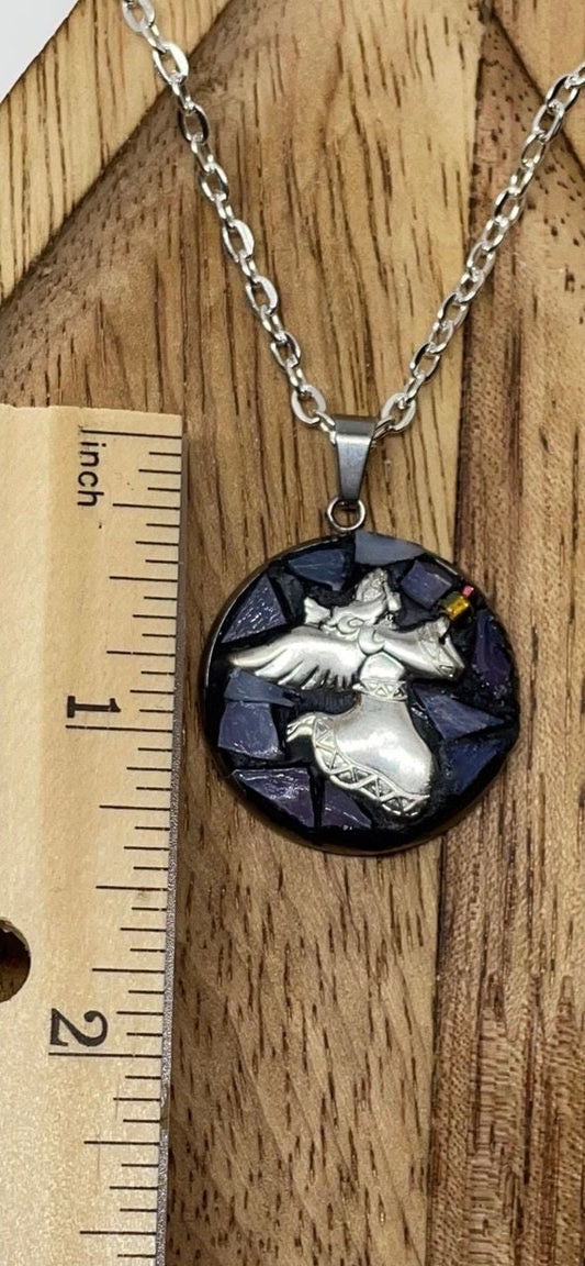 My handmade angel micro mosaic necklace with handcut tile and mixed materials