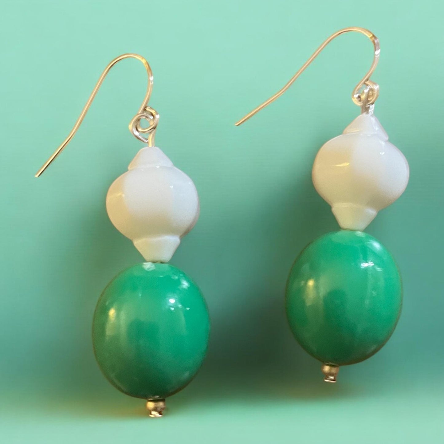 Green and white dangle earrings with retro vintage beads