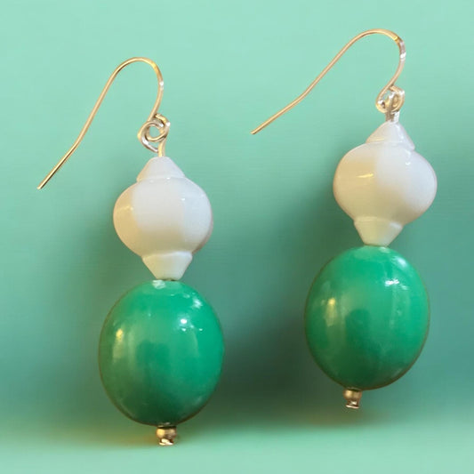 Green and white dangle earrings with retro vintage beads