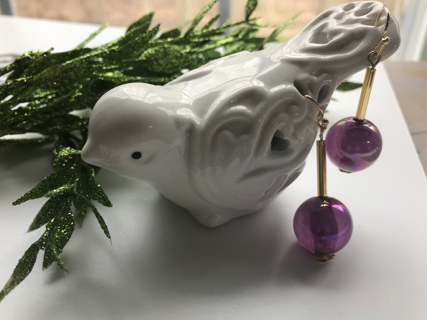Handmade earrings with upcycled vintage purple glass ball dangles and goldtone glass bugle beads