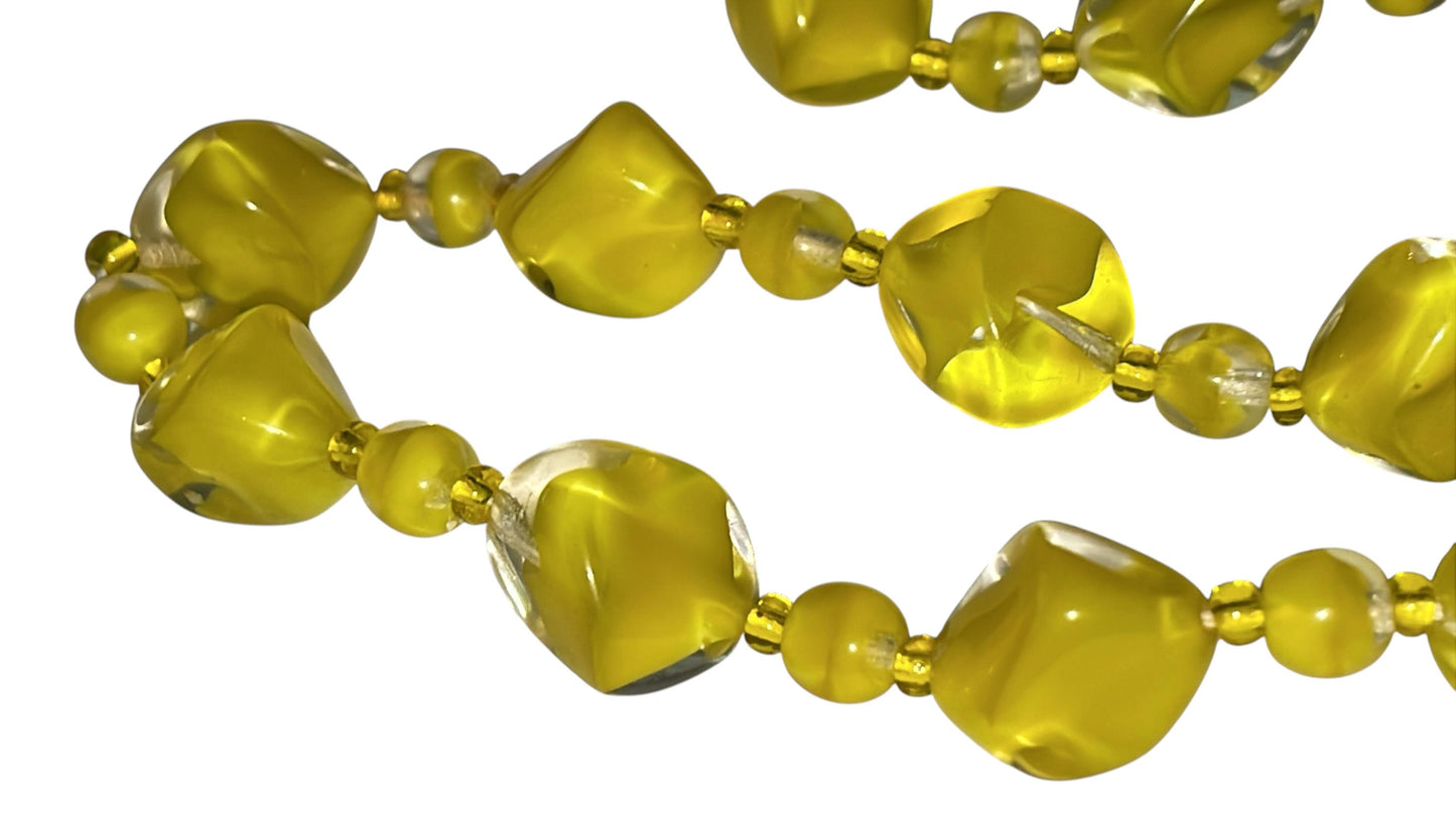 Vintage 1950s Czech Cased Glass Necklace – Bold Yellow & Clear Mid Century Art Glass Statement Beads