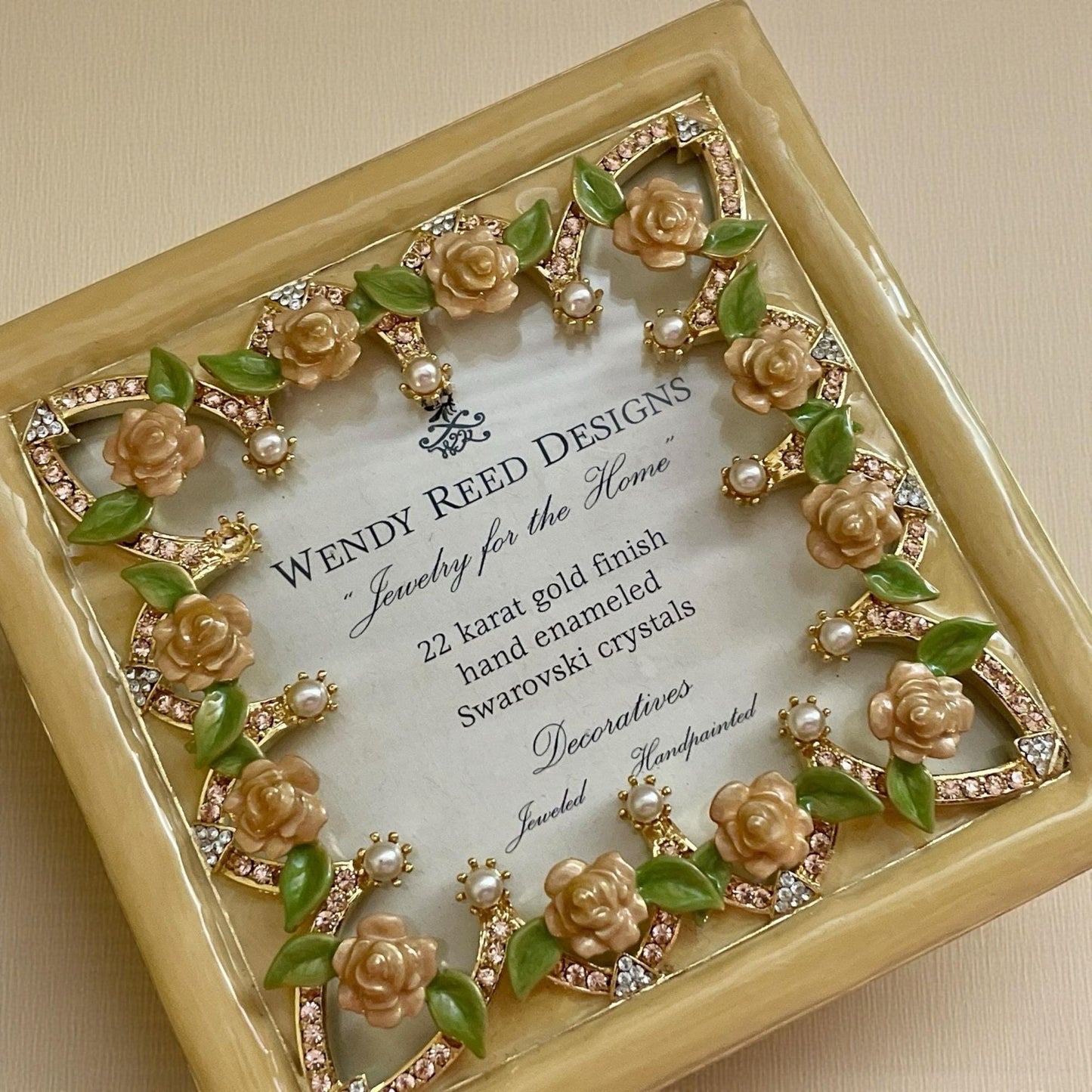 Wendy Reed Designs Jeweled Picture Frame 2003 – 22K Gold Finish, Hand-Enameled Roses, Swarovski Crystals, Vintage - UNUSED, VERY RARE