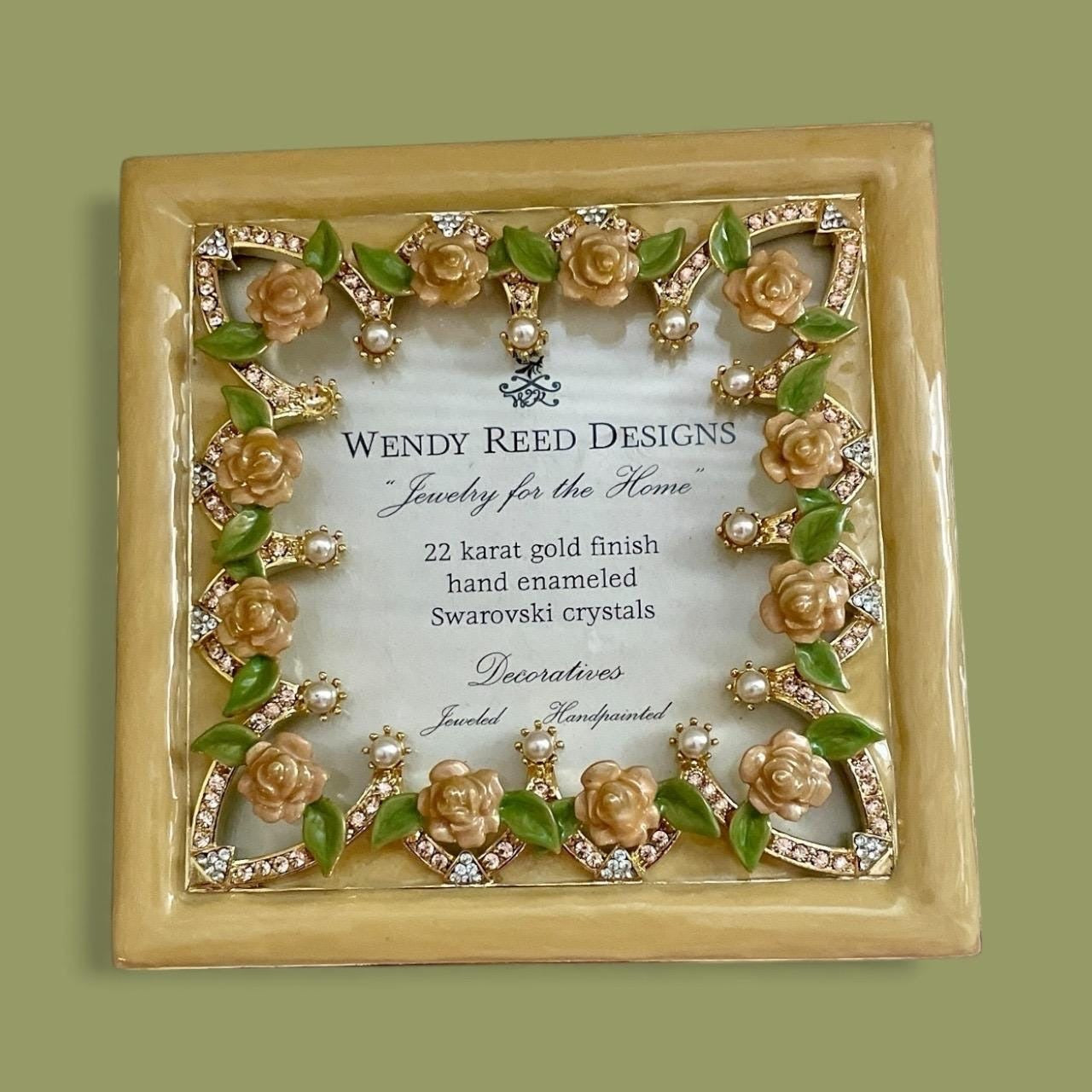 Wendy Reed Designs Jeweled Picture Frame 2003 – 22K Gold Finish, Hand-Enameled Roses, Swarovski Crystals, Vintage - UNUSED, VERY RARE