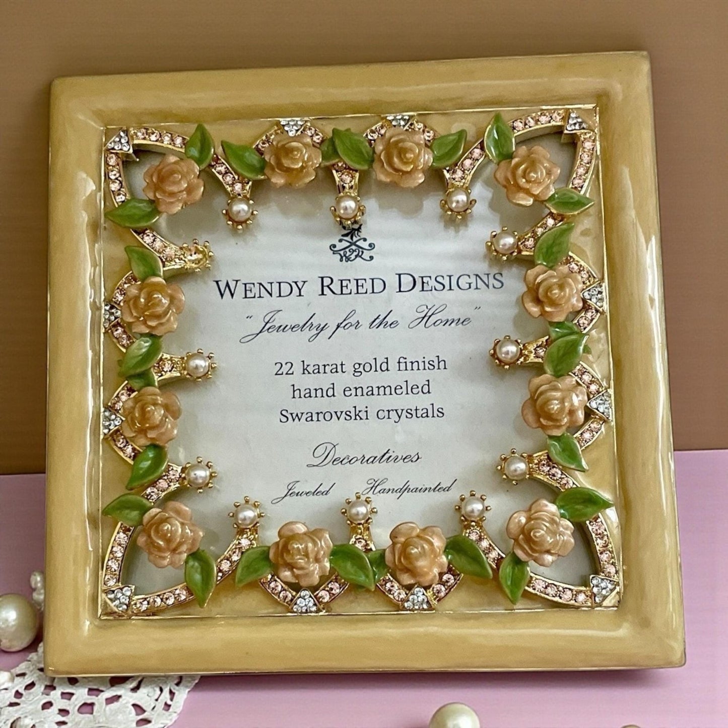 Wendy Reed Designs Jeweled Picture Frame 2003 – 22K Gold Finish, Hand-Enameled Roses, Swarovski Crystals, Vintage - UNUSED, VERY RARE