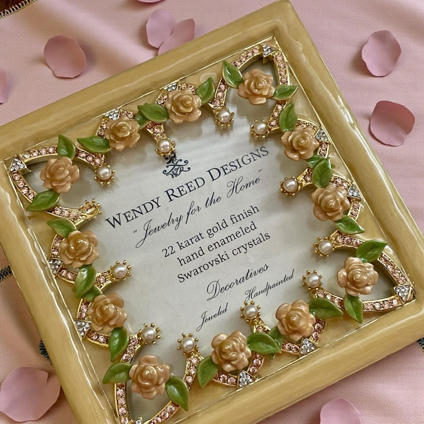Wendy Reed Designs Jeweled Picture Frame 2003 – 22K Gold Finish, Hand-Enameled Roses, Swarovski Crystals, Vintage - UNUSED, VERY RARE