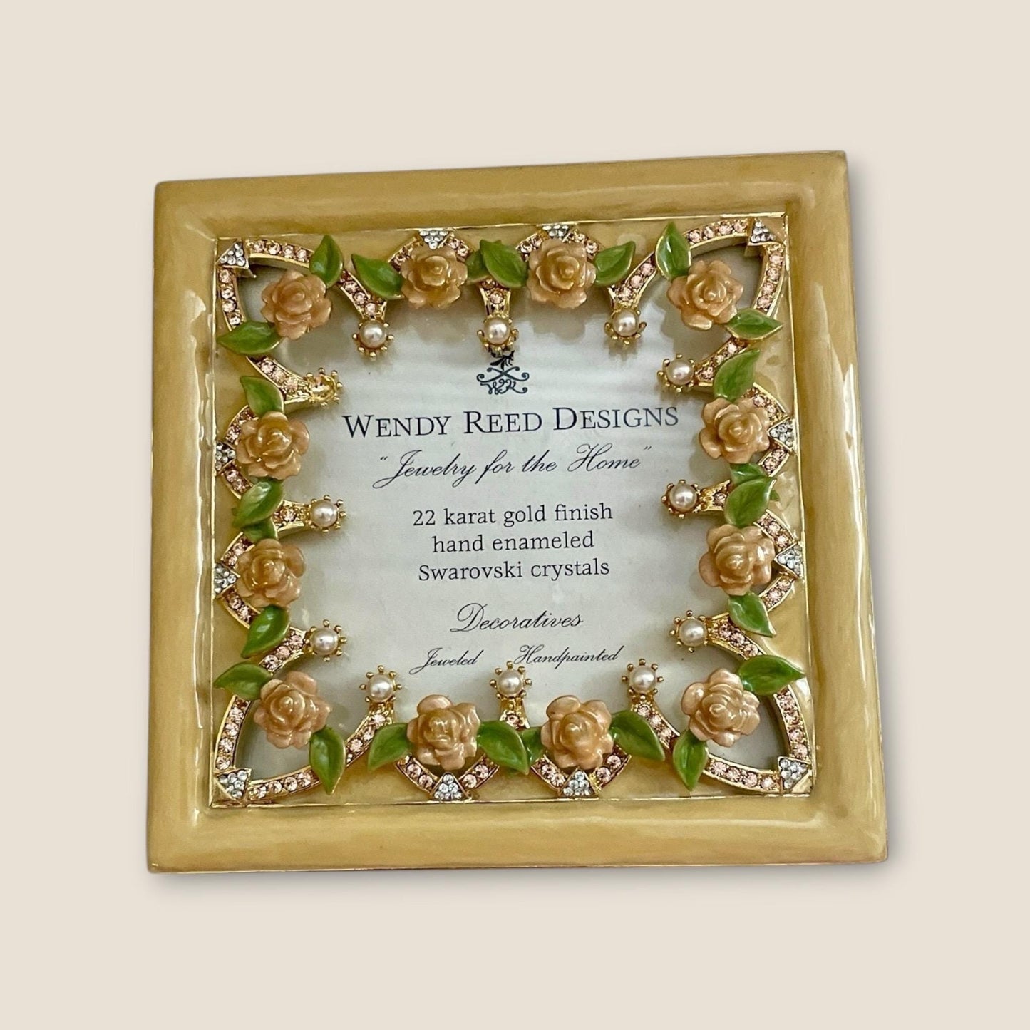 Wendy Reed Designs Jeweled Picture Frame 2003 – 22K Gold Finish, Hand-Enameled Roses, Swarovski Crystals, Vintage - UNUSED, VERY RARE