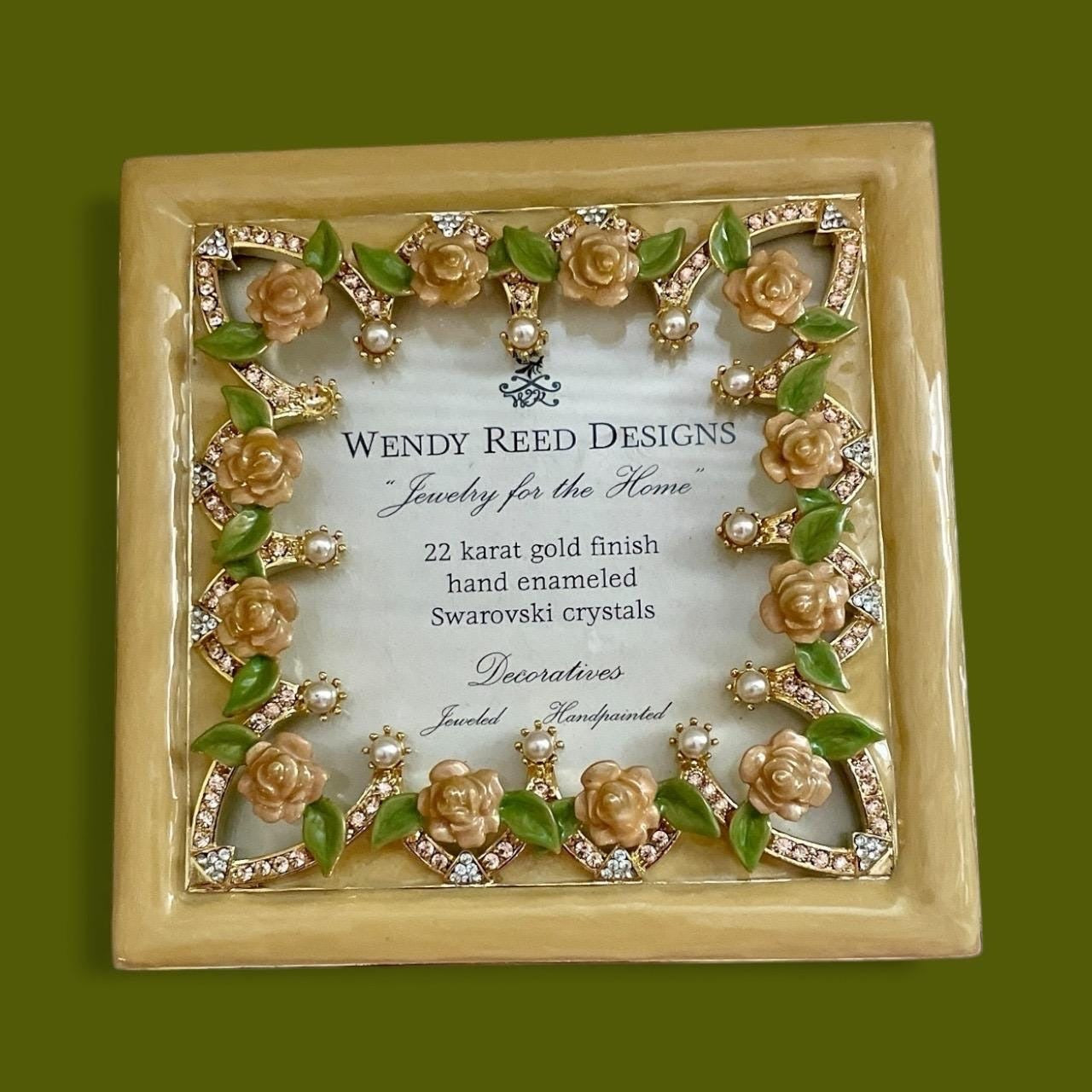 Wendy Reed Designs Jeweled Picture Frame 2003 – 22K Gold Finish, Hand-Enameled Roses, Swarovski Crystals, Vintage - UNUSED, VERY RARE