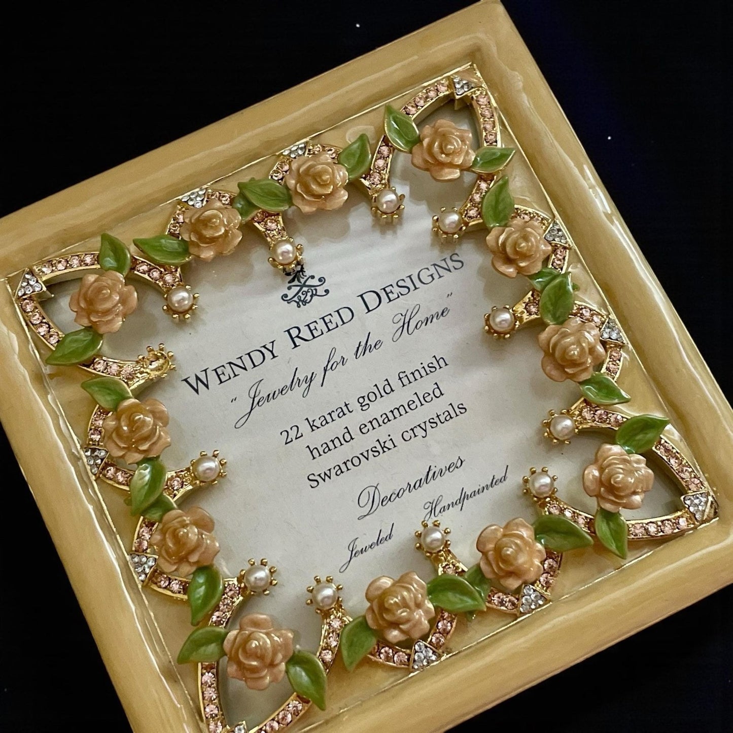 Wendy Reed Designs Jeweled Picture Frame 2003 – 22K Gold Finish, Hand-Enameled Roses, Swarovski Crystals, Vintage - UNUSED, VERY RARE