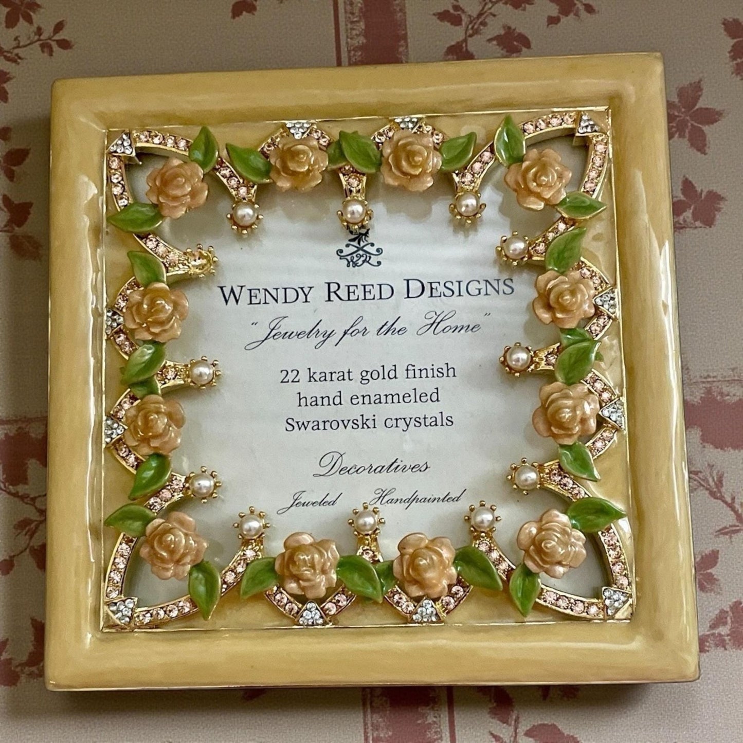Wendy Reed Designs Jeweled Picture Frame 2003 – 22K Gold Finish, Hand-Enameled Roses, Swarovski Crystals, Vintage - UNUSED, VERY RARE