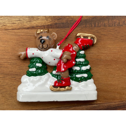 Vintage Joseph K & Co. Santa's Pen teddy bear ice skating by tree Christmas Ornament