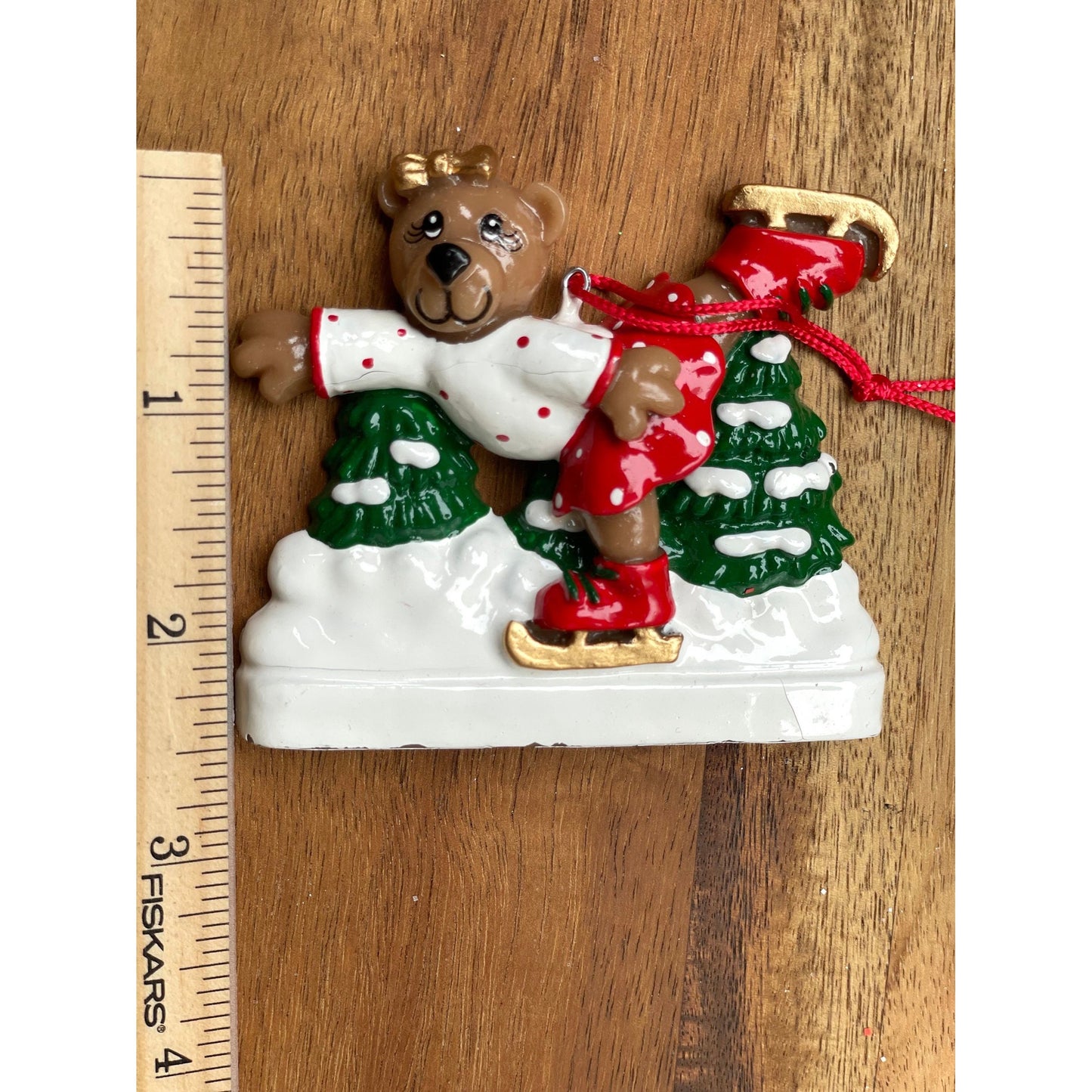 Vintage Joseph K & Co. Santa's Pen teddy bear ice skating by tree Christmas Ornament