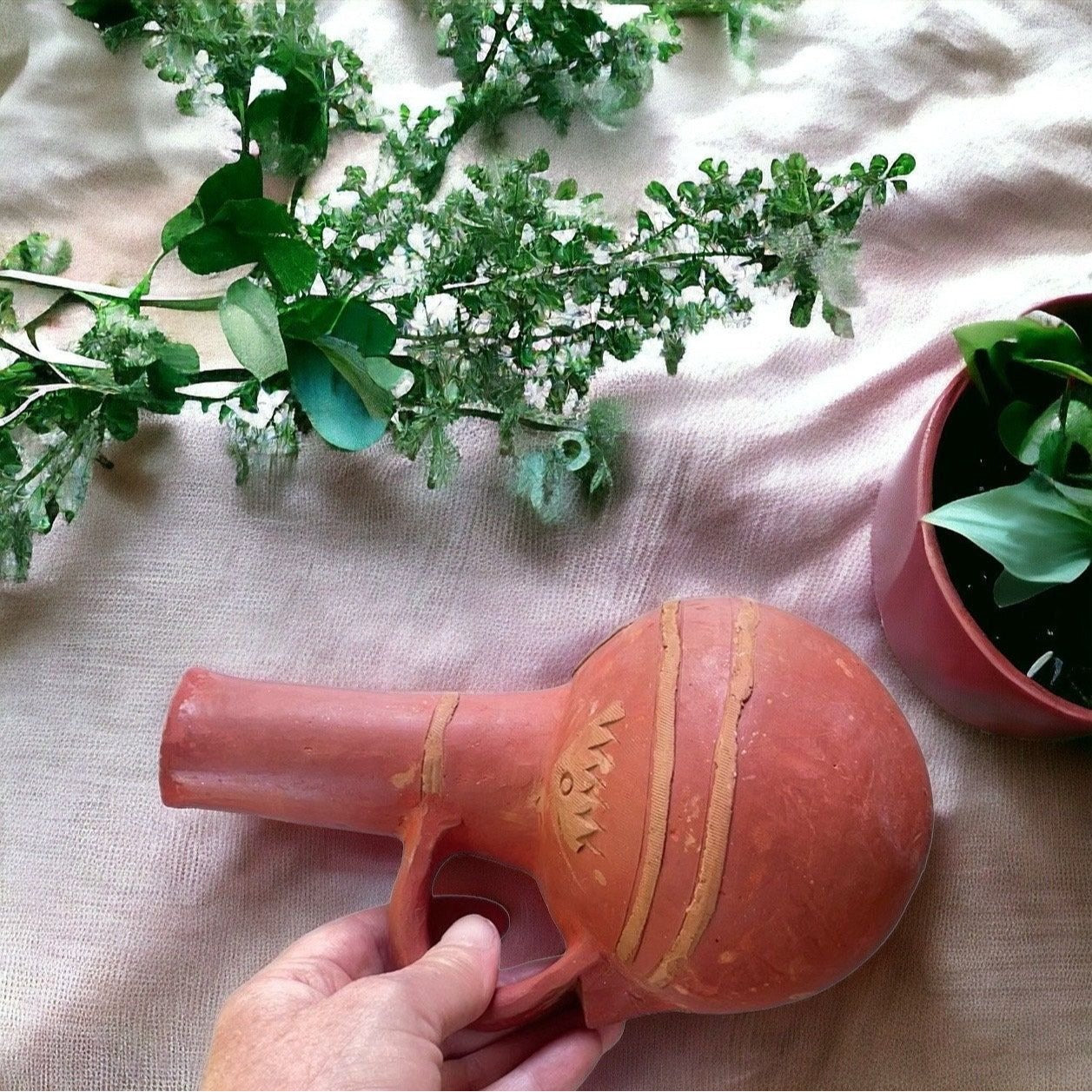 Primitive antique handmade earthenware terra cotta round bottom water jug/oil jug/coffee pot