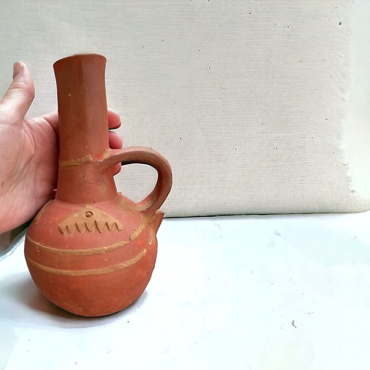 Primitive antique handmade earthenware terra cotta round bottom water jug/oil jug/coffee pot