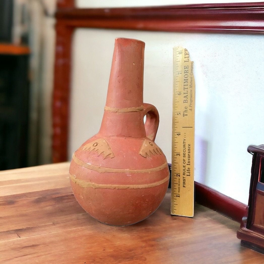 Primitive antique handmade earthenware terra cotta round bottom water jug/oil jug/coffee pot