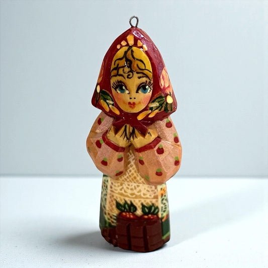 Hand Painted Carved wood vintage Russian Woman Ornament – Hand Signed by artist - Folk Art - Wooden Christmas Decor