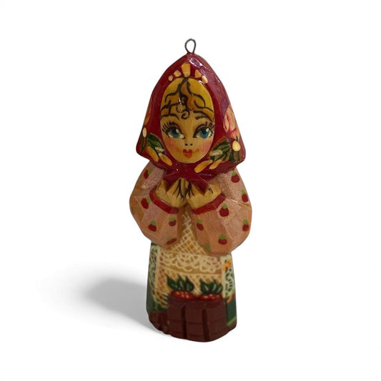 Hand Painted Carved wood vintage Russian Woman Ornament – Hand Signed by artist - Folk Art - Wooden Christmas Decor