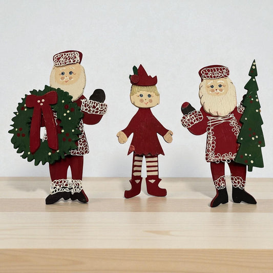 Vintage folk art style Wooden Christmas Ornaments Set – Hand-Painted Santa, Girl & Santa with Tree Holiday Decor