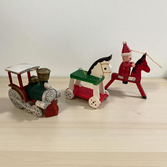 Three Vintage Wooden Christmas Ornaments – Santa on Horse, Toy Train & Rocking Horse – Vintage Holiday Decor