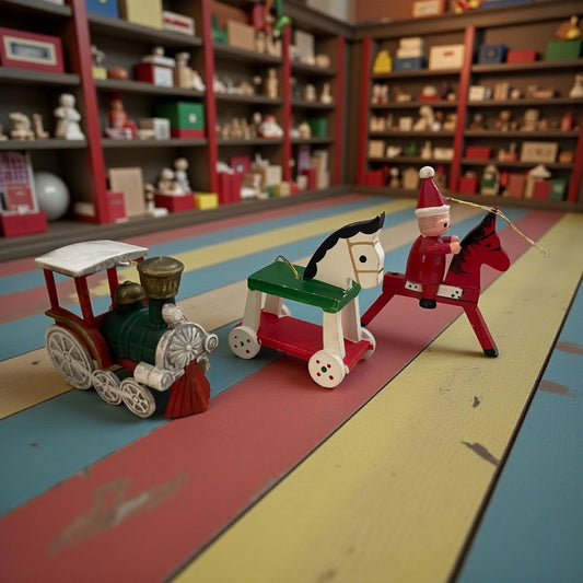 Three Vintage Wooden Christmas Ornaments – Santa on Horse, Toy Train & Rocking Horse – Vintage Holiday Decor