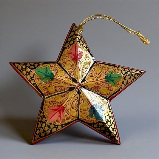 Vintage Hand-Painted Lacquer Star Ornament – Gold Floral Red & Green Holiday Decor