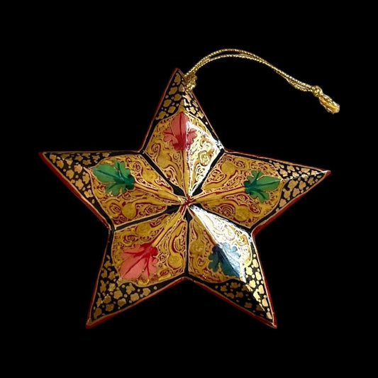 Vintage Hand-Painted Lacquer Star Ornament – Gold Floral Red & Green Holiday Decor